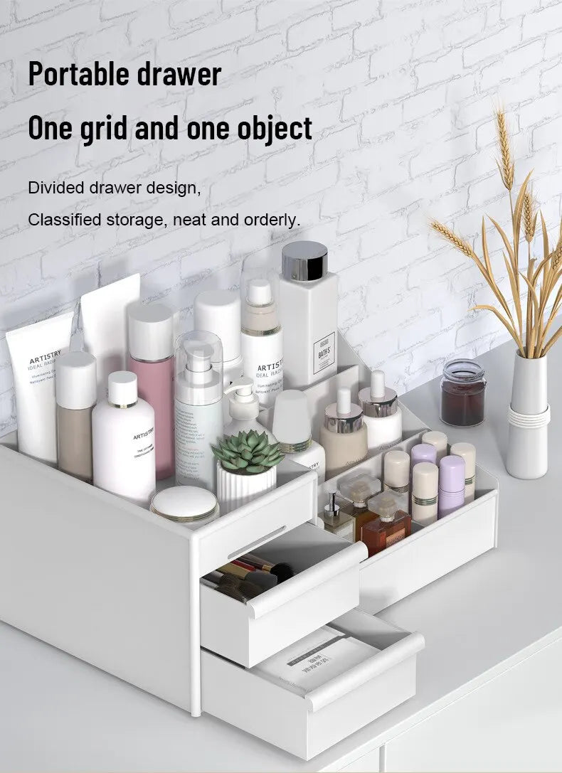 Boîte de Rangement Maquillage Blanche avec Tiroir – Étagère Plastique pour Coiffeuse et Bureau
