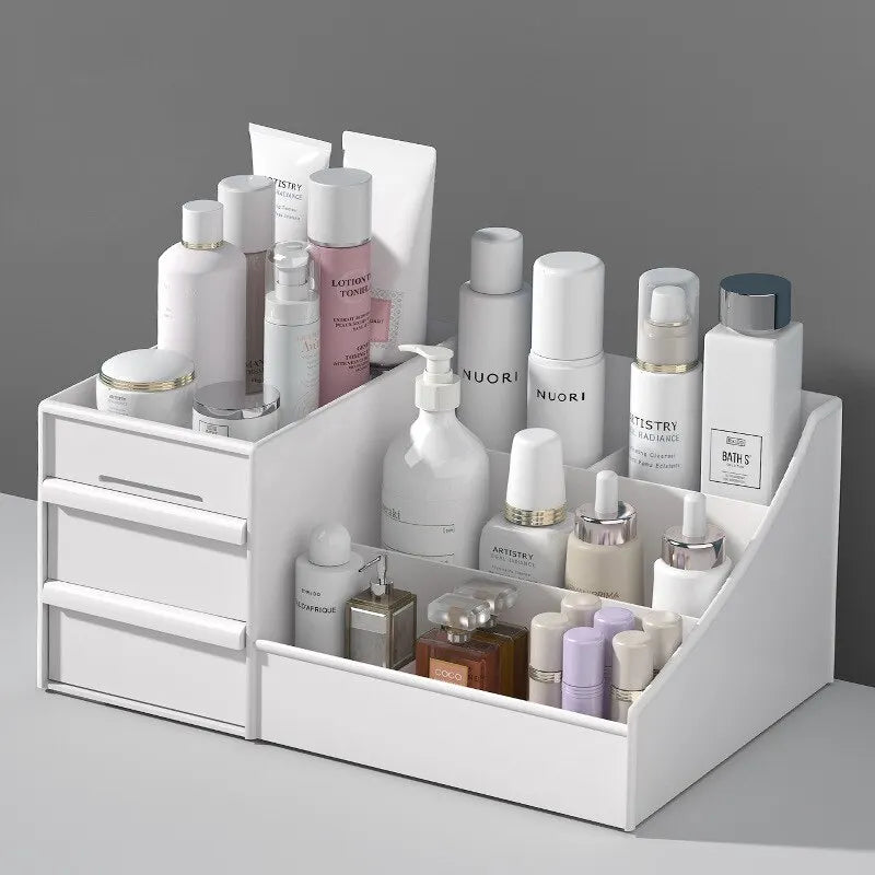 Boîte de Rangement Maquillage Blanche avec Tiroir – Étagère Plastique pour Coiffeuse et Bureau