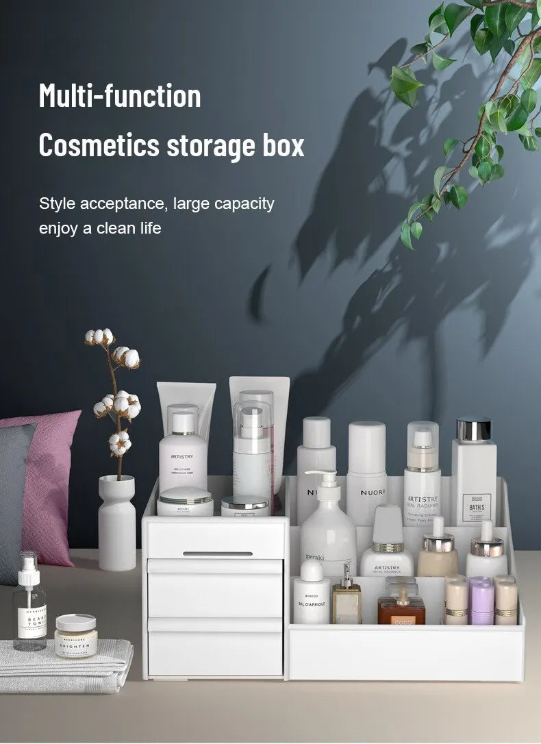 Boîte de Rangement Maquillage Blanche avec Tiroir – Étagère Plastique pour Coiffeuse et Bureau