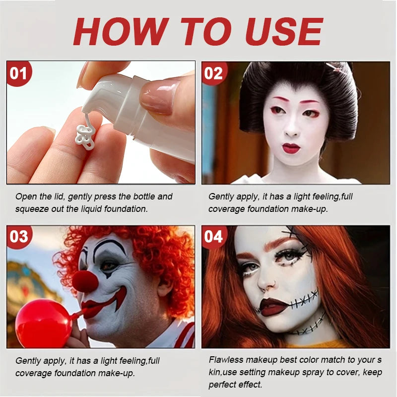 Fond de Teint Liquide Blanc, Couvrance Totale Longue Durée, Formule Crémeuse pour Maquillage Gothique, Cosplay, Fini Mat