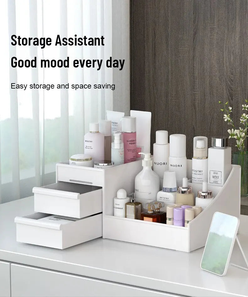 Boîte de Rangement Maquillage Blanche avec Tiroir – Étagère Plastique pour Coiffeuse et Bureau