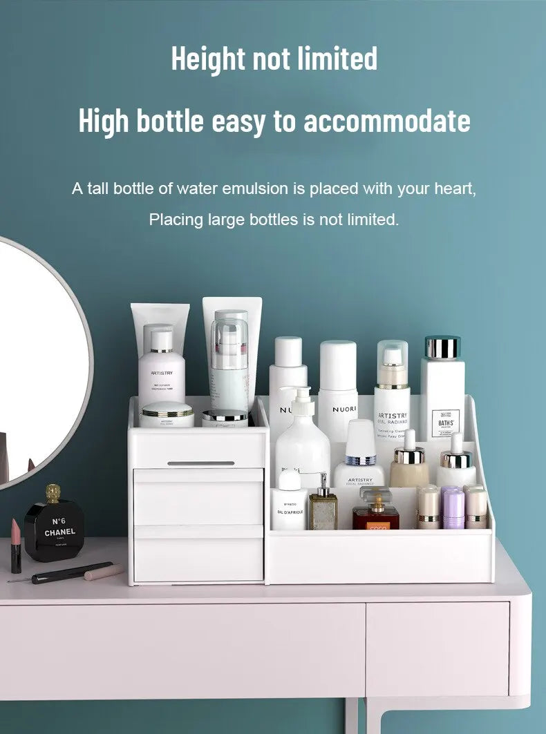 Boîte de Rangement Maquillage Blanche avec Tiroir – Étagère Plastique pour Coiffeuse et Bureau