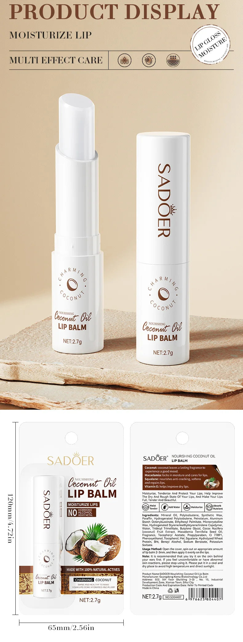 Baume à Lèvres Noix de Coco SADOER – Hydratation Longue Durée Homme & Femme