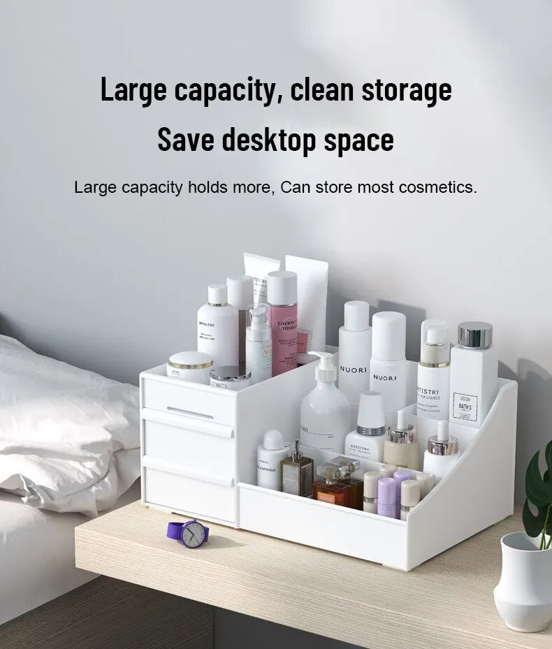 Boîte de Rangement Maquillage Blanche avec Tiroir – Étagère Plastique pour Coiffeuse et Bureau
