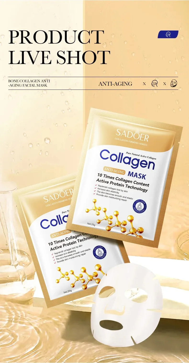 Masque Visage Collagène SADOER – Lot de 5/10/20/30 Pièces Raffermissant & Hydratant