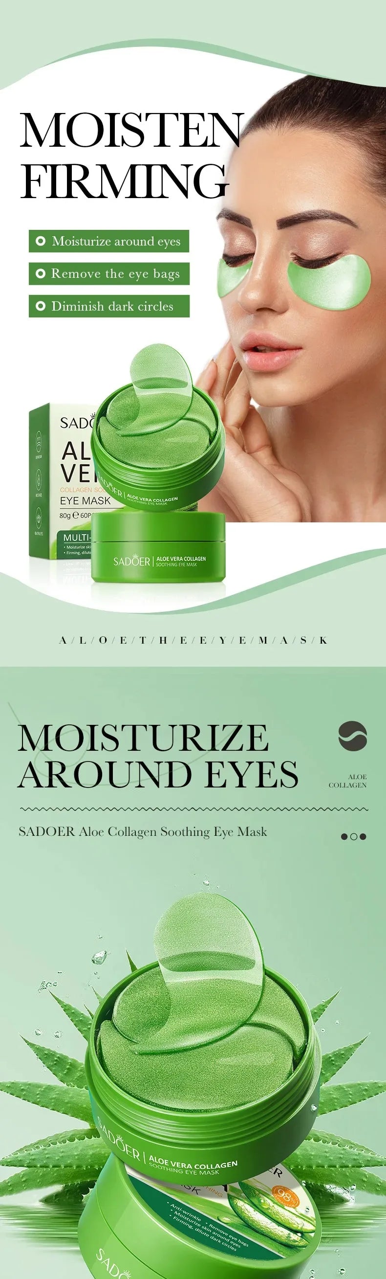 Masque Yeux Aloé Vera & Collagène – 60 Pièces (30 Paires) Anti-Cernes & Hydratant