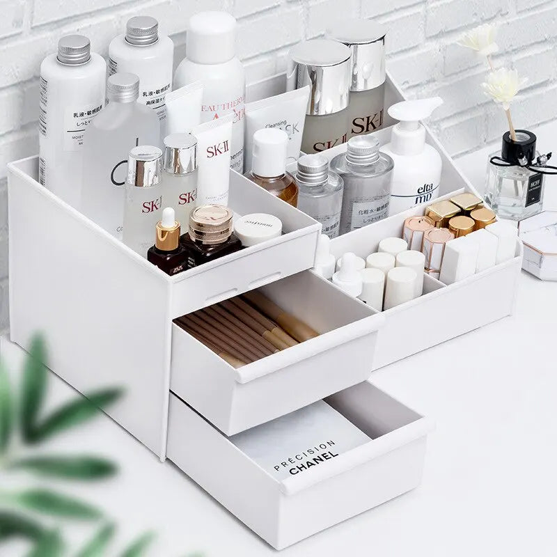 Boîte de Rangement Maquillage Blanche avec Tiroir – Étagère Plastique pour Coiffeuse et Bureau