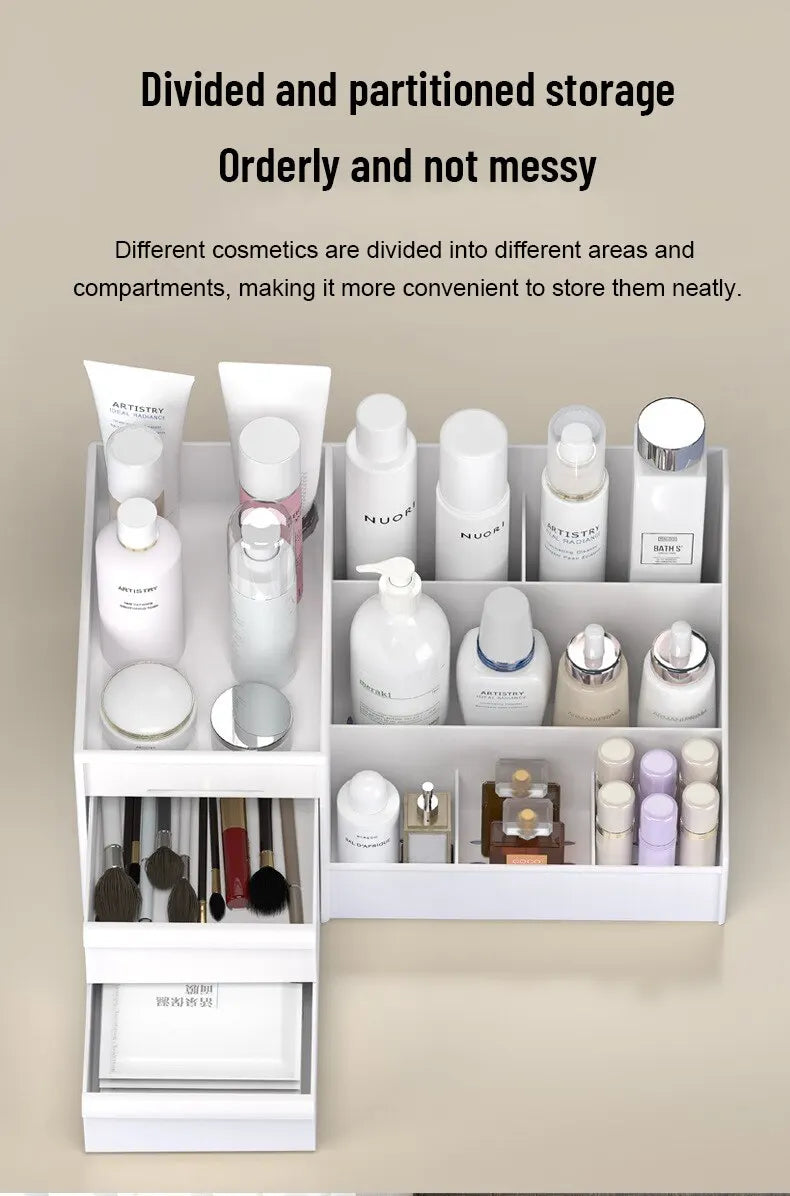 Boîte de Rangement Maquillage Blanche avec Tiroir – Étagère Plastique pour Coiffeuse et Bureau