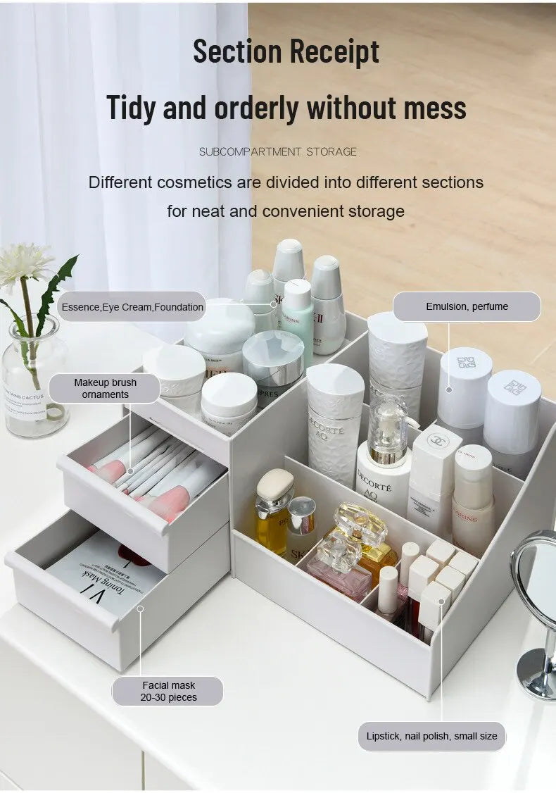 Boîte de Rangement Maquillage Blanche avec Tiroir – Étagère Plastique pour Coiffeuse et Bureau