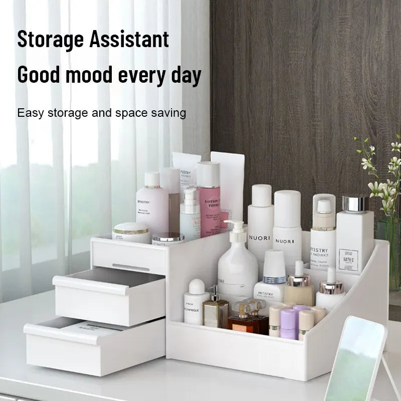 Boîte de Rangement Maquillage Blanche avec Tiroir – Étagère Plastique pour Coiffeuse et Bureau