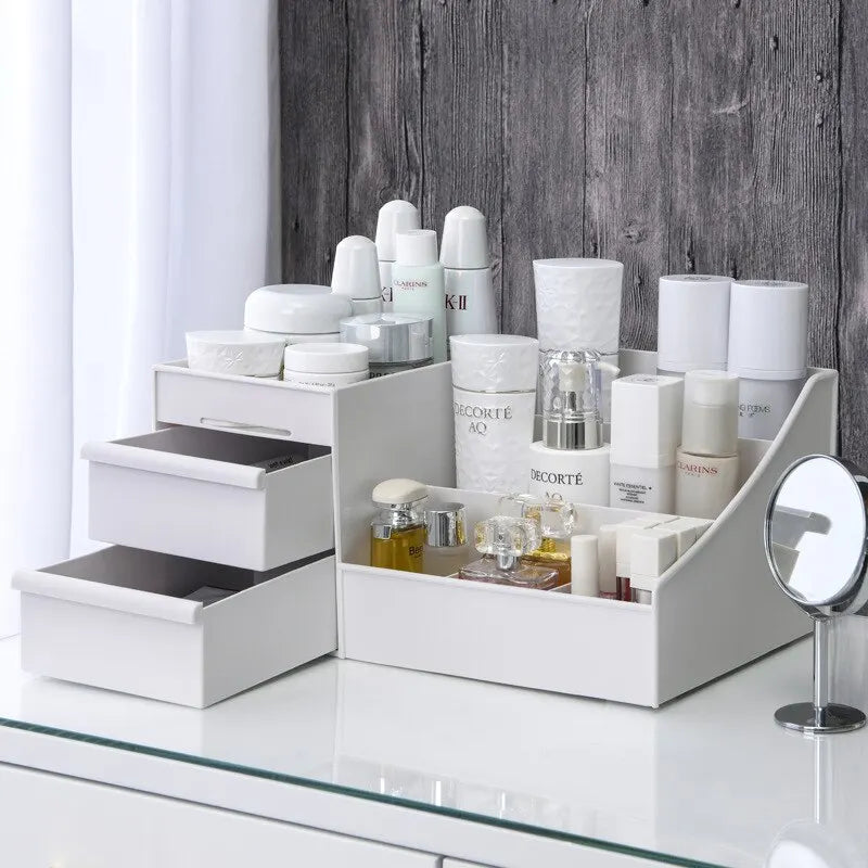 Boîte de Rangement Maquillage Blanche avec Tiroir – Étagère Plastique pour Coiffeuse et Bureau