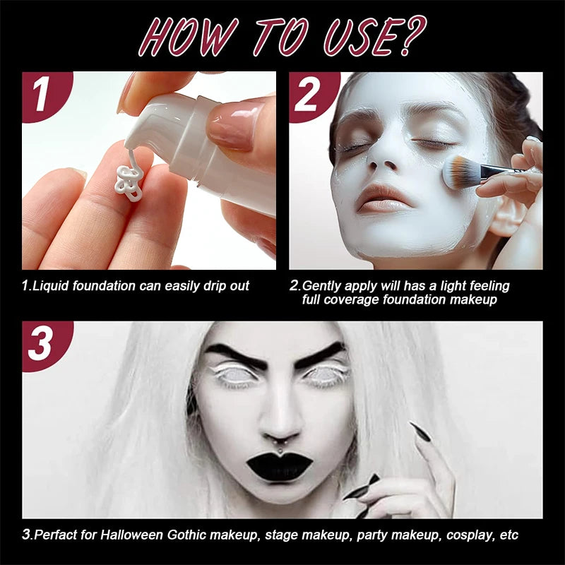 Fond de Teint Liquide Blanc, Couvrance Totale Longue Durée, Formule Crémeuse pour Maquillage Gothique, Cosplay, Fini Mat